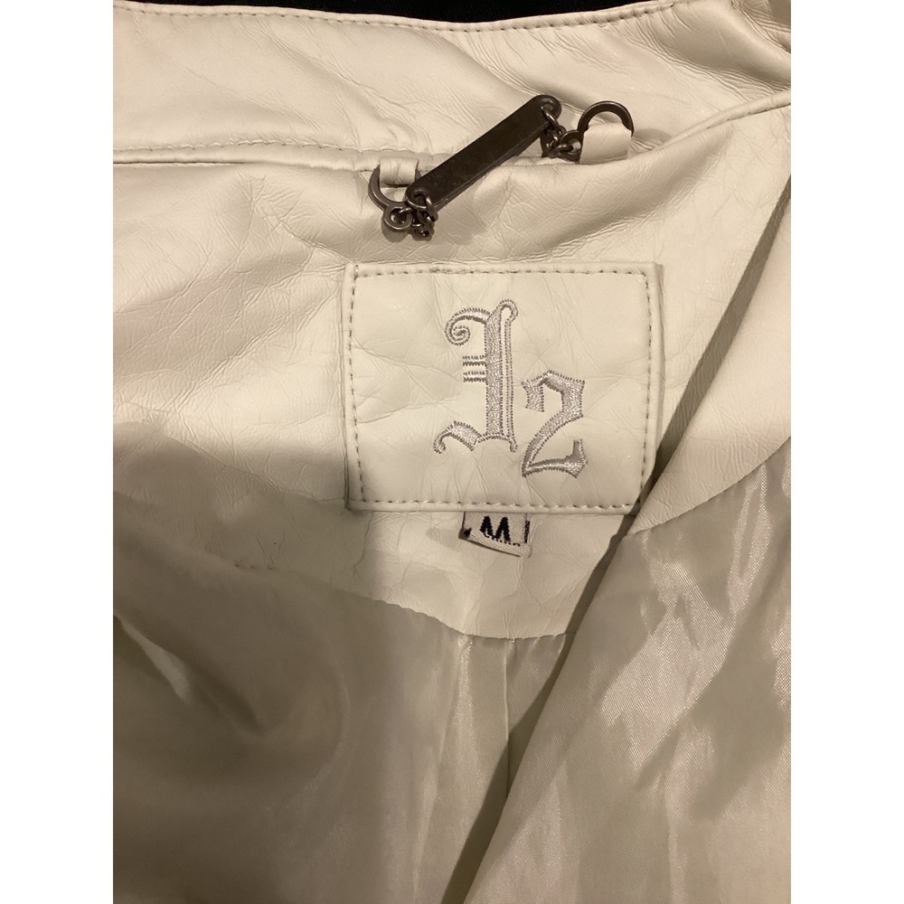 LZ Women's Faux Leather Moto Jacket Cream Collarless Zip Pockets Size M - Picture 6 of 6